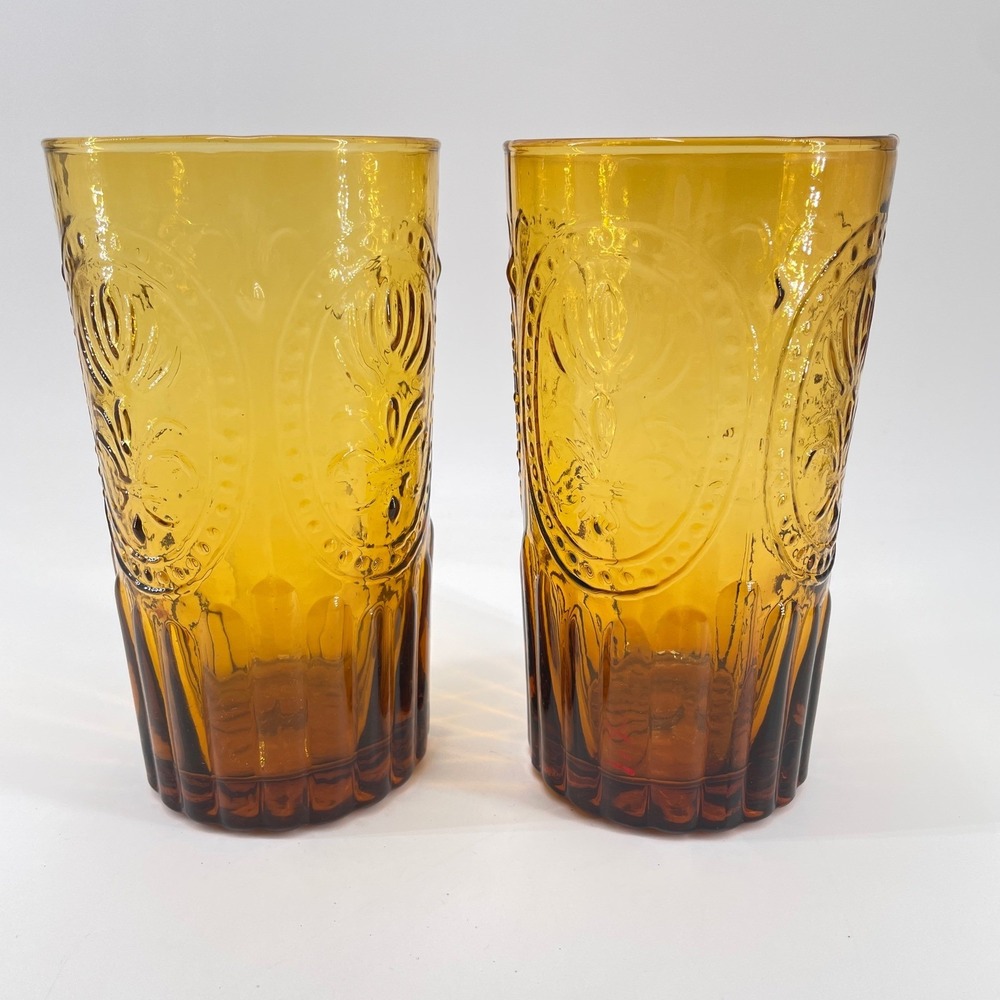 Anthropologie Amber Glass Fleur De Lis Tumblers x2 Iced Tea Drinking Bar (b)